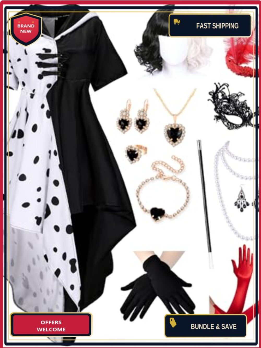 Dalmatian Costume Dress with Wig Gloves Accessories Cosplay Party Outfit
